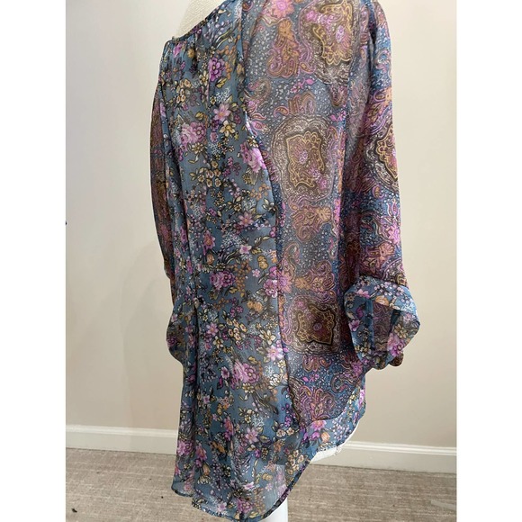 Copper Key Sheer Blouse Blue Purple Floral Flowy Shirt Sz M Kimono Sleeve - Picture 11 of 12